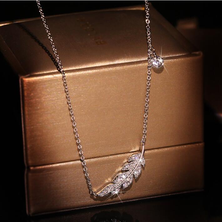 Sterling Sier Feather Necklace - Delicate Pendant with White Sapphire CZ Accents, Perfect for Party & Wedding Free shipping