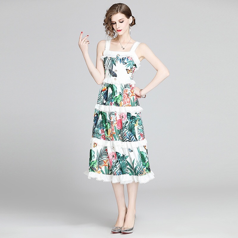 summer dress flower lace ruffles spaghetti strap midi beach party birthday green dreess women robe 210421