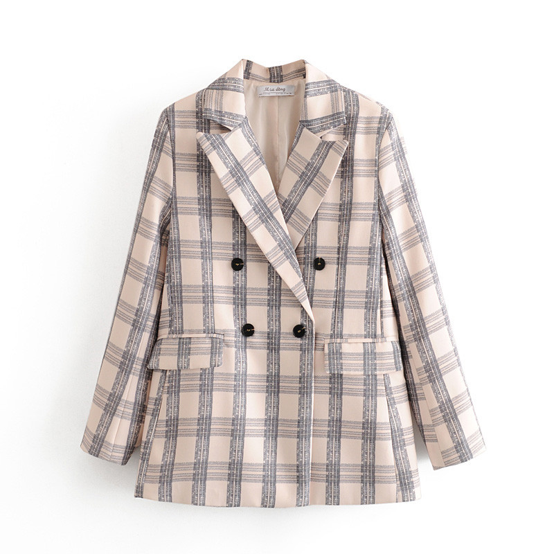 beauty Fashion Plaid Women Blazer Suits Office Ladies Two-piece Sets Long Sleeve double Breasted Pants Set 210514