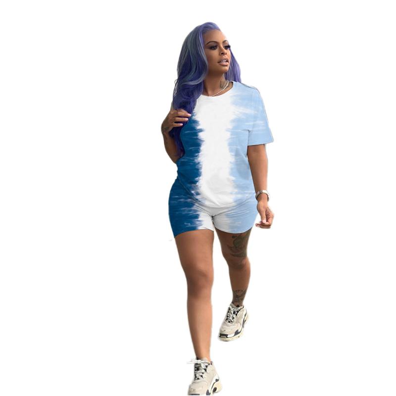 CM.YAYA Tie Dye Gradient Women's Set Ative T-shirt Shorts Matching Two Piece Outfits Sporty Tracksuit Workout Jogger Sweatsuit Tracksuits