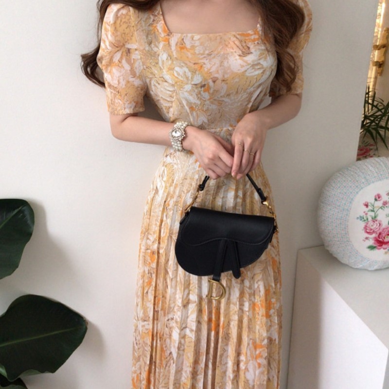 Summer Fashion Printed Korean Chiffon Long Dress Women Short Sleeve Square Collar Belted Pleated Elegant Dresses Femme 210519