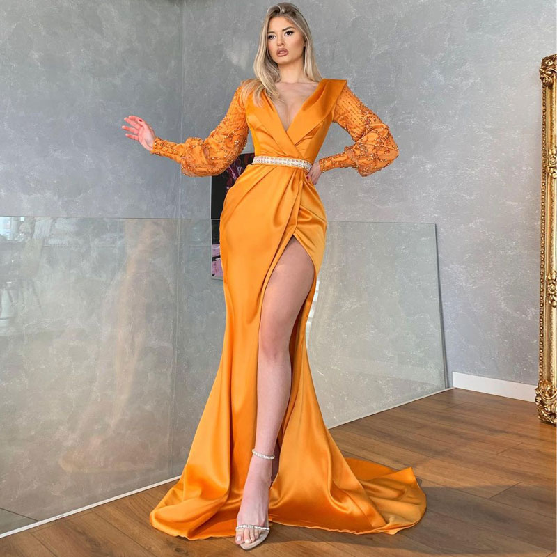 Mermaid Long Orange Sleeves Prom Dresses Deep V Neck Sequined Beaded Evening Gowns Satin Sweep Train Side Split Formal Dress