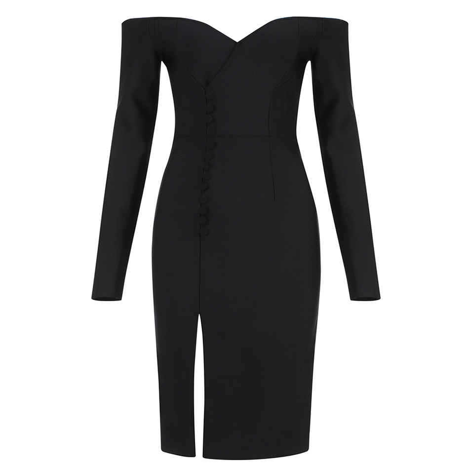 Free Black Ladies Bandage Dress Sexy V-neck Card Shoulder Long Sleeve Bodycon Split Club Party Vestidos 210524