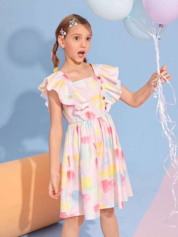 Girls Square Neck Button Front Ruffle Armhole Dress SHE