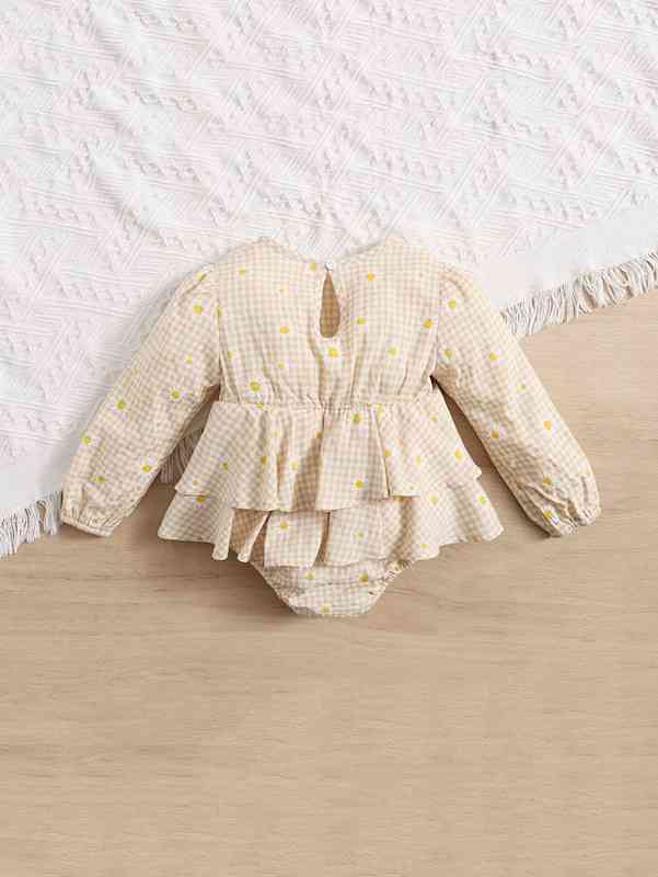 Baby Daisy Floral And Gingham Ruffle Trim Combo Bodysuit Dress SHE
