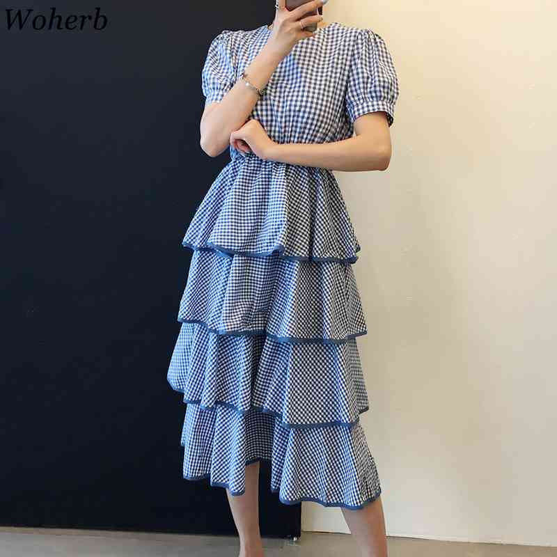 Fashion Short Sleeve Plaid Cake Dress Women Office Lady Korean Casual Loose All Match Streetwear Dresses Vestidos 210519