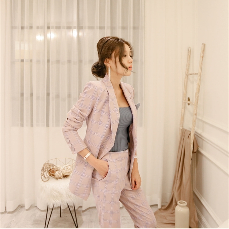 Arrival Fashion Pants Suits Women Blazer 2 Two Piece Set Plaid Striped Jacket & Pant trajes de mujer 210520