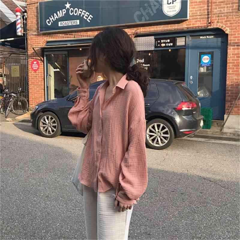 Korea Chic Cotton Lapel Irregular Loose Long Sleeve Pink Shirt Turn-down Collar Womens Tops Blouses 210615Z