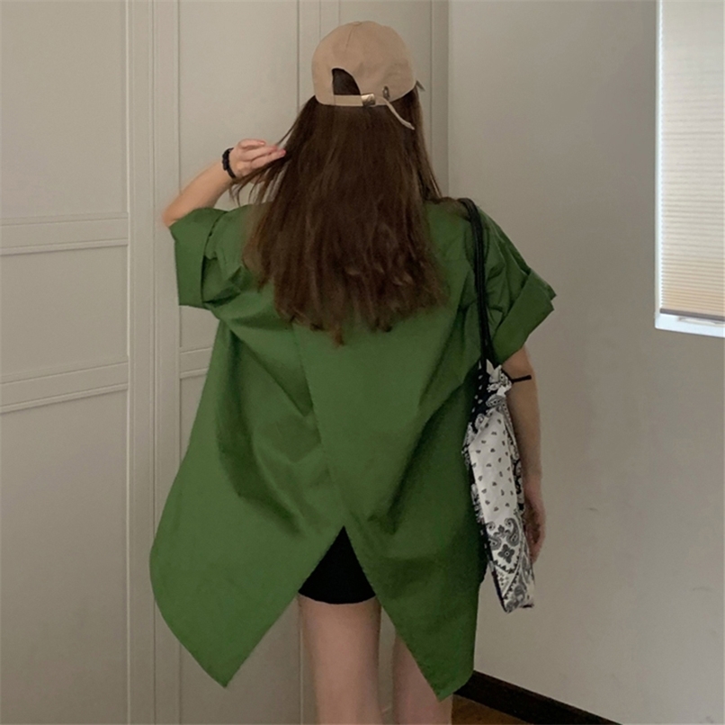 Green Back Split Shirts Female Summer Short Sleeve Loose Casual BF Harajuku White Tops Blouse Women Stylish 210601
