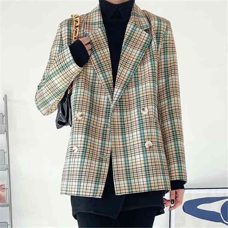 Vintage Women Green Plaid Blazers Fashion Ladies Notched Collar Coats Causal Female Chic Double Breasted Jacket 210527