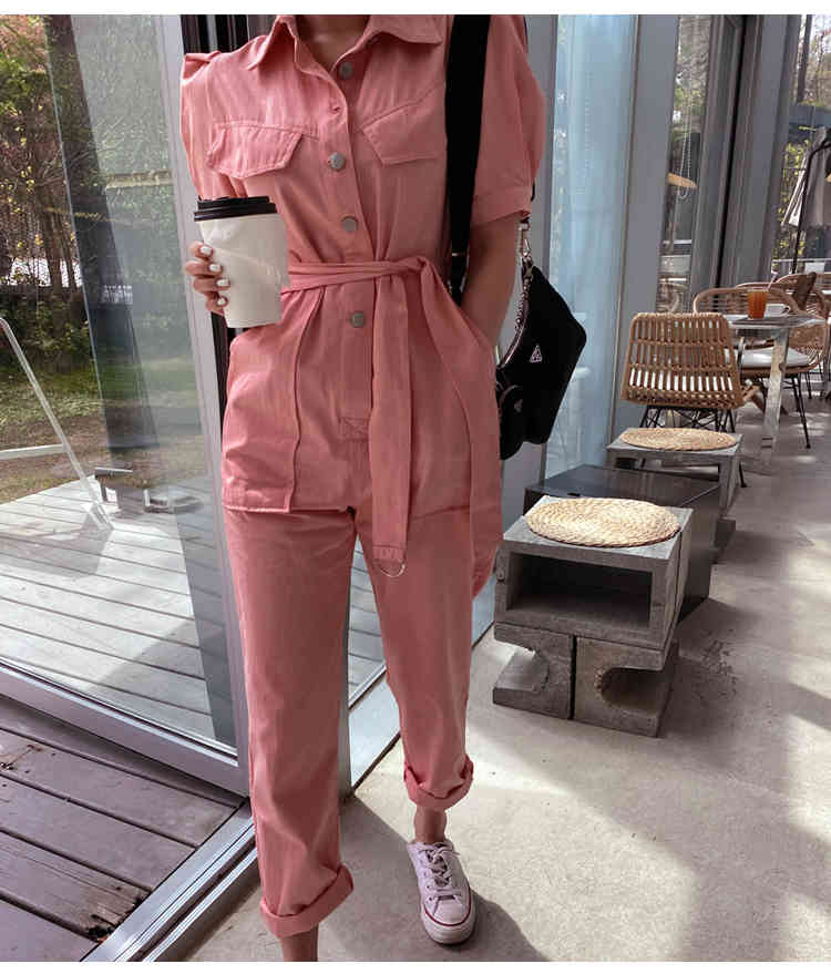 Work Office Women Jumpsuit Summer Fashion Sexy Overall Loose Solid Long Playsuit Lace Up Sashes Rompers 210506