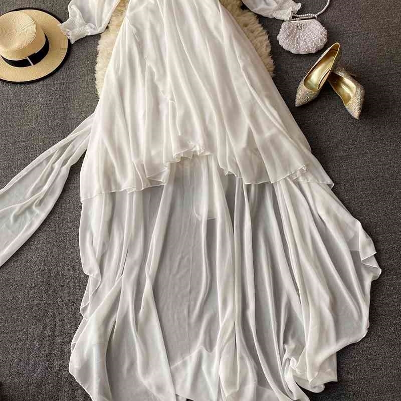 Beach Style Solid White Dress Women V-neck Asymmetrical Long Dresses Summer Korean Chic Vestidos De Mujer 210519