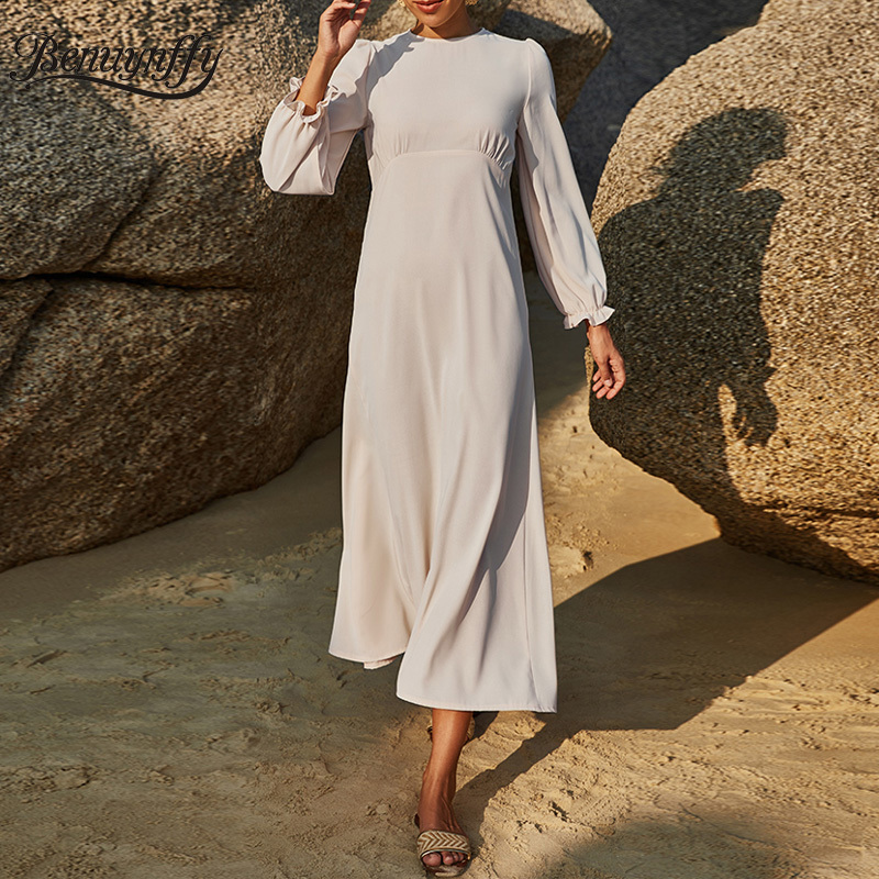 Crew Neck Solid Long Maxi Dresses Women Spring Summer Casual High Waist Sleeve Chiffon Fit and Frale Dress 210510