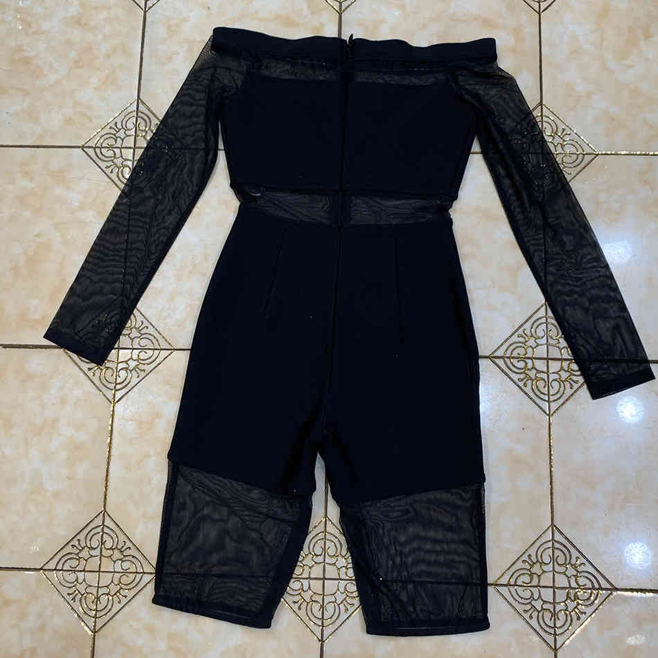 Free Sexy Tulle Bandage Playsuits Women's One Shoulder Long Sleeve Black Mesh Sheer Club Party Jumpsuit 210524