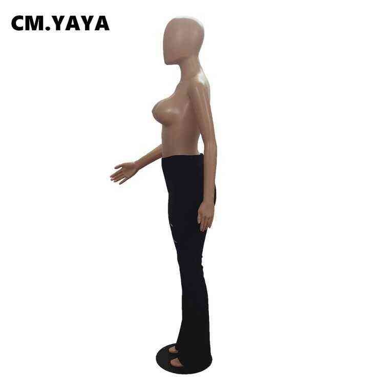 CM.YAYA Plus Size Hole Pants Women Full Length Skinny Elastic Waist Solid Flare Pant Spring Autumn High Fashion Lady Trousers 211124
