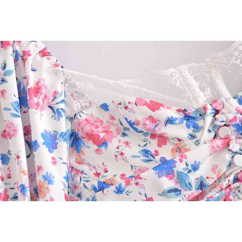 Summer Lace Square Collar Short Sleeve Floral Print Dress French A line Elegant Women Party Dresses Slim fit Vestido 210429