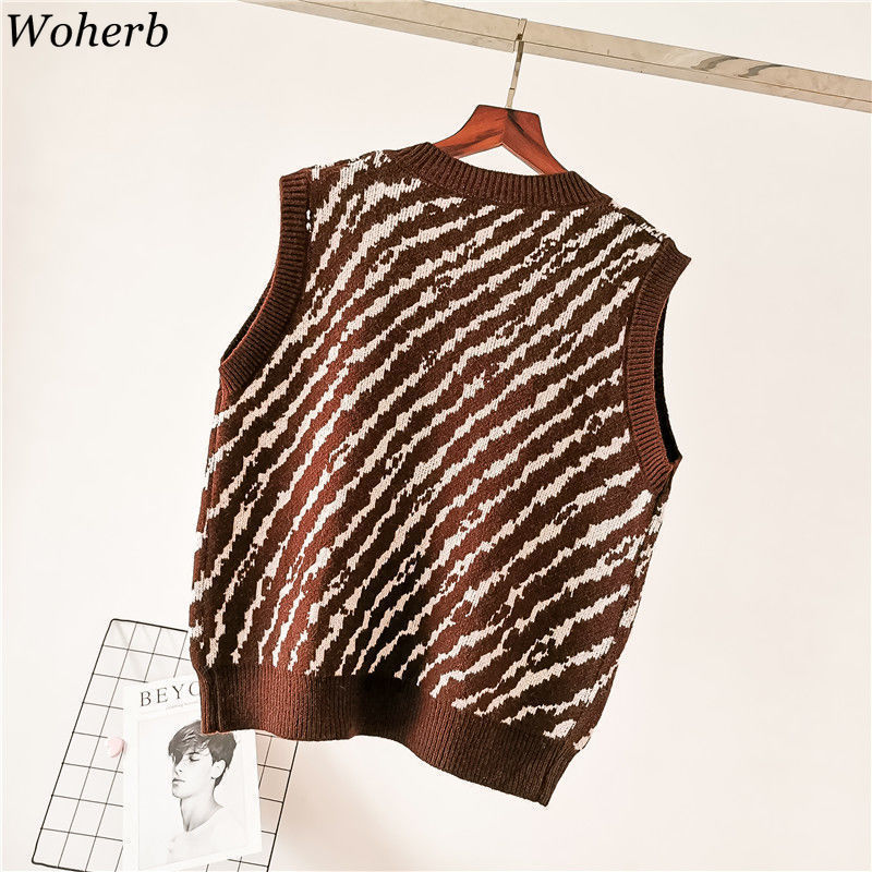 Zebra Pattern Vintage Knit Sweater Vest Women Fashion Sleeveless V-Neck Casual Tank Tops Autumn Pullovers 94099 210519
