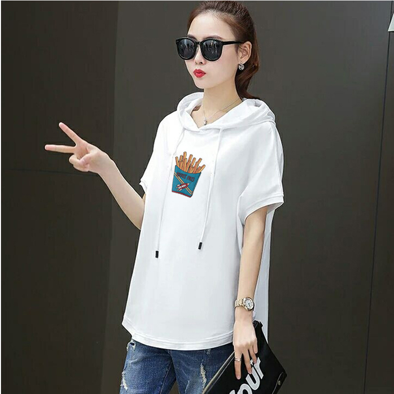 T-shirt female new hooded loose summer casual red white short-sleeved large size women fashion printing t-shirt Cotton 210406