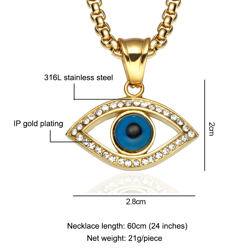 Turkish Blue Eye Necklace Gold 316L Stainless Steel Evil Eyes Pendant Necklaces Chains for Women Fashion Crystal Rhinestone Mens Lucky Jewelry Birthda