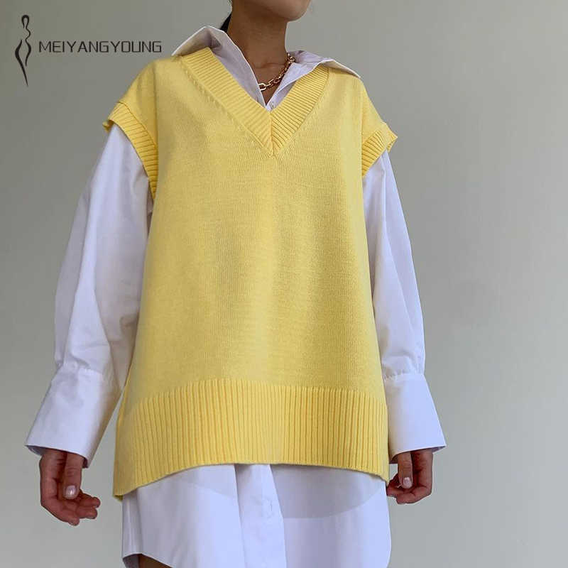 MEIYANGYOUNG Y2K Loose Knitted Vest Sweater Autumn Women's Vest Sleeveless Ladies Vintage Sweater V-Neck Pullover Tops 211009