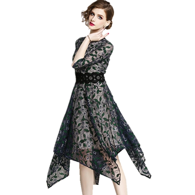 High Quality Women Elegant Summer Lace Dress Irregular Robe Feminino Party Vestidos Runway Dresses 210520