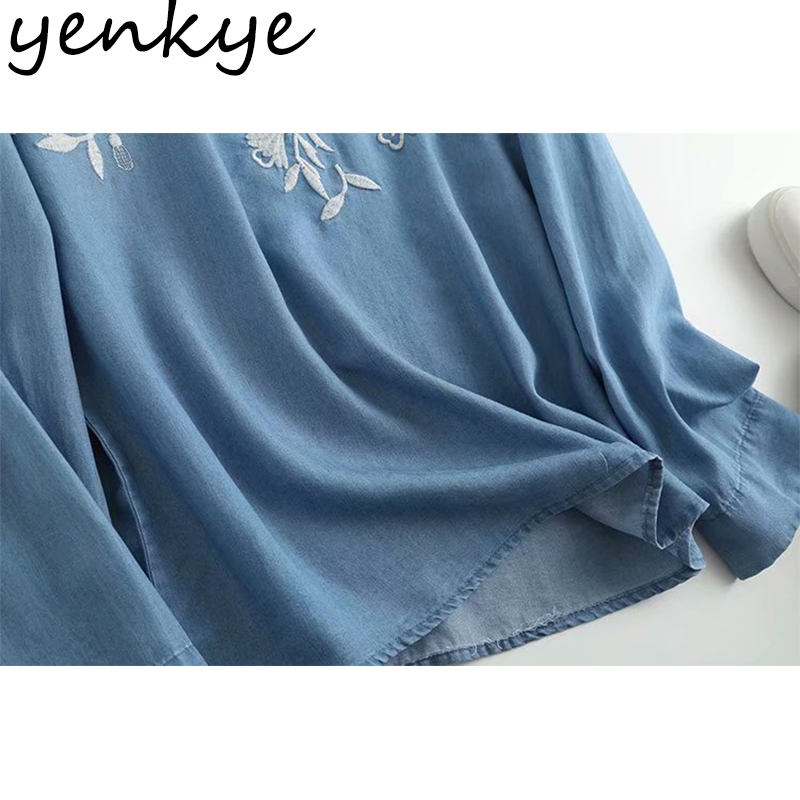 Floral Embroidery Vintage Blue Denim Blouse Women O Neck Long Sleeve Casual Loose Summer Tops Plus Size blusas 210430