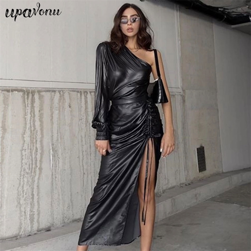 Free Women's PU Leather Midi Dress Sexy One Shoulder Long Sleeve Draped Lace-Up Split Club Party es 210524