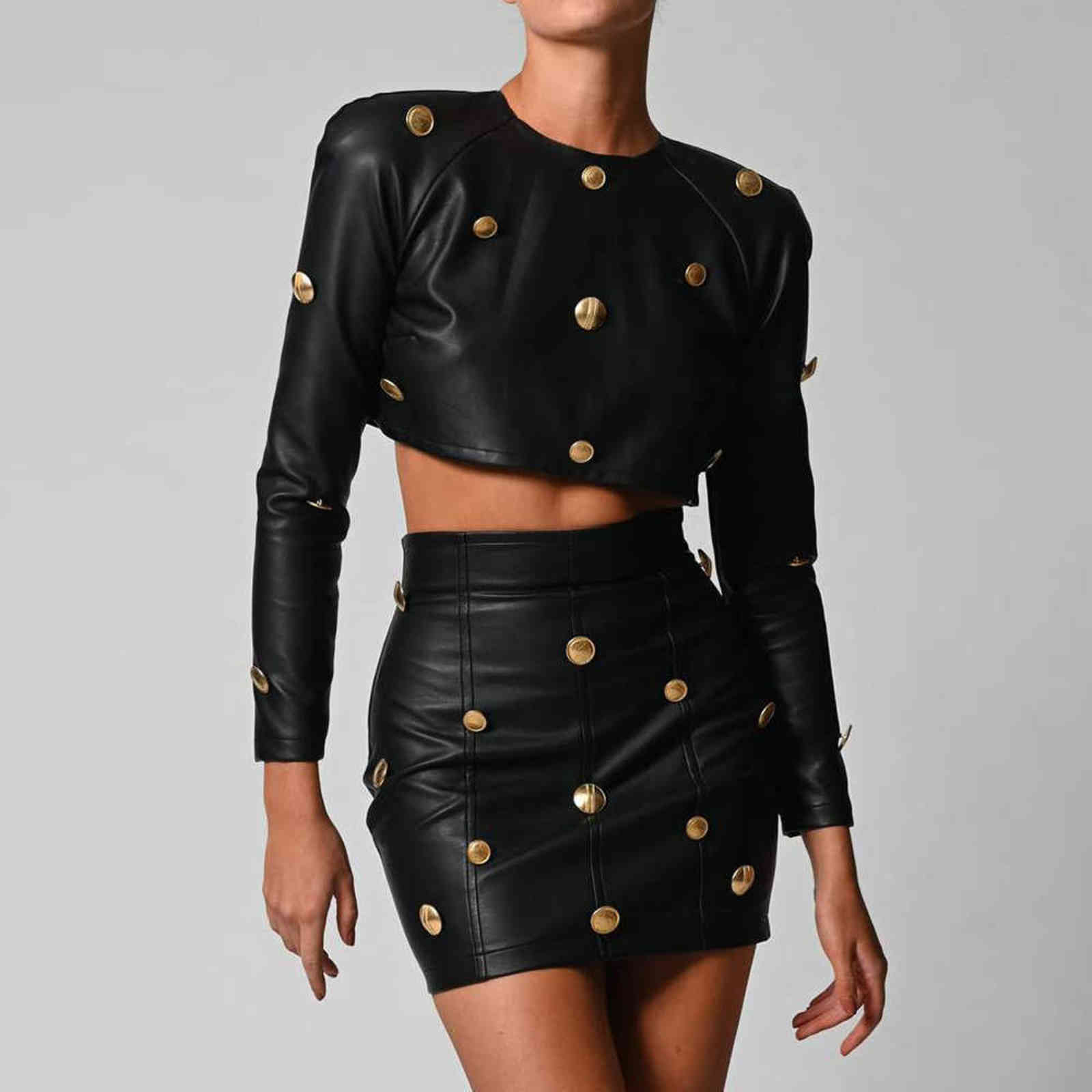 DEAT AutumnLeather Long Sleeve Crop Top Skirt With Gold Button Elegant Outfits Fall Women Two Piece Set ML581 211106