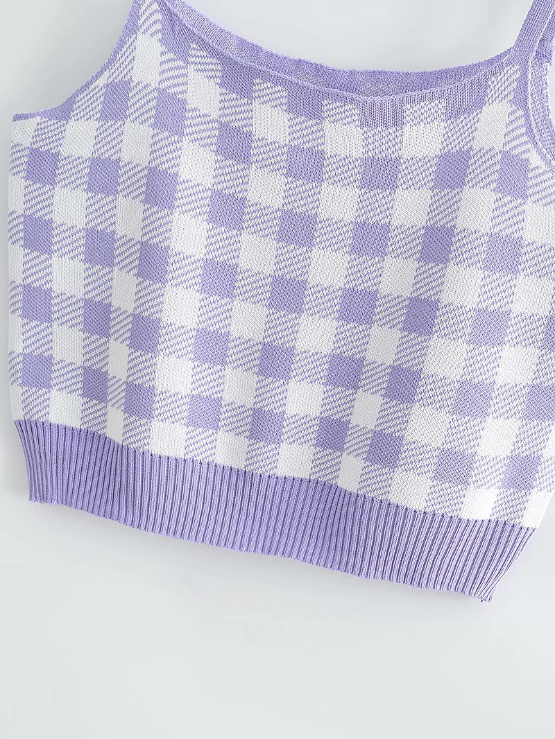 Small Fresh Word Collar Sleeveless Women Camisole Vintage Fashion Sweet Knitted Plaid Chic Female Tops 210507