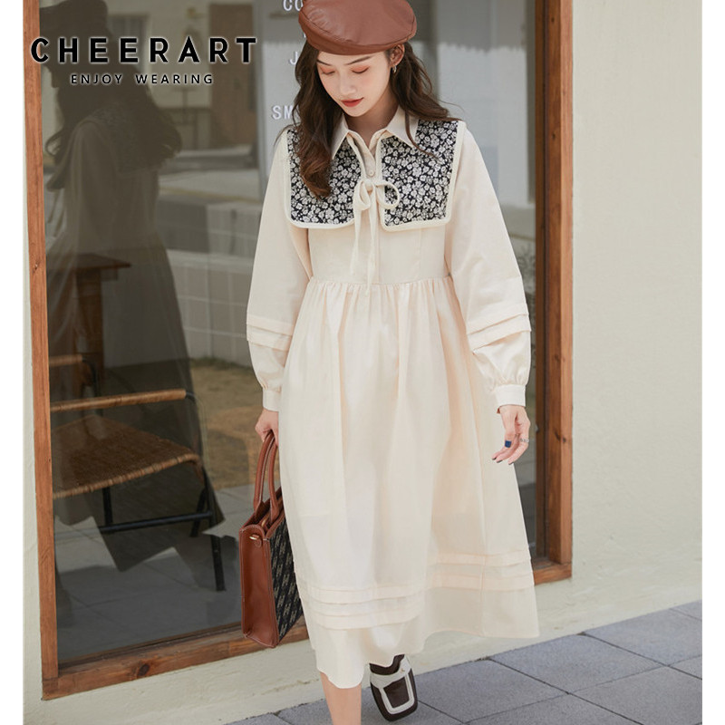 Vintage 2 Piece Long Sleeve Korean Shirt Dress Women Autumn Beige A Line Half Button Collar With Cape 210427