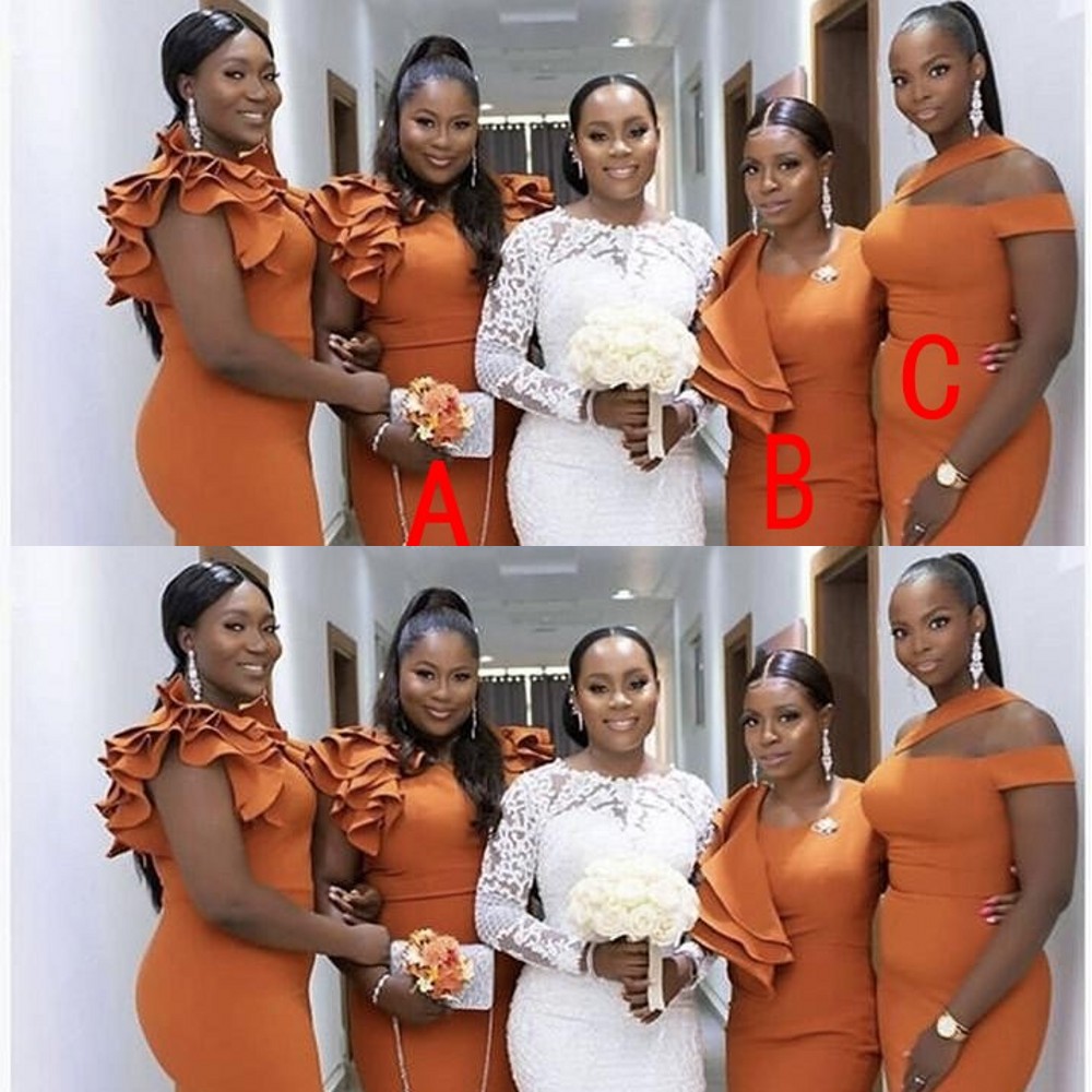 2021 Sexy African Orange Mermaid Long Bridesmaid Dresses Ruffles Straps Custom Made Stretchy Satin Plus Size Wedding Guest Gowns Maid Of Honor Dress