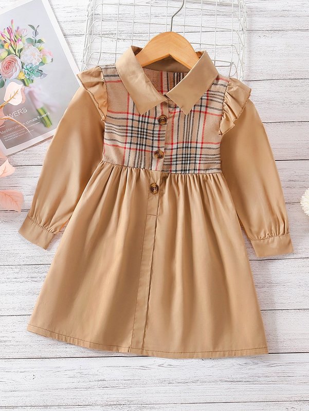 Toddler Girls Plaid Panel Ruffle Trim Shirt Dress SHE