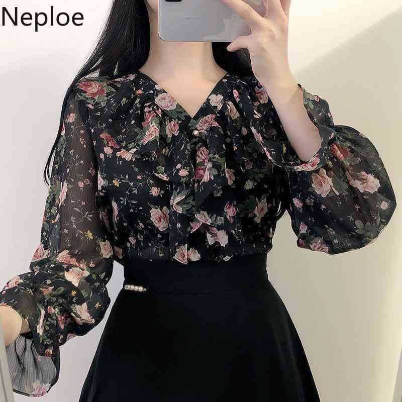 Neploe Korean Blouses for Women Floral Chiffon Shirts Long Sleeve Ruffles Elegant Lady Tops Fashion Blusas Mujer De Moda 210422