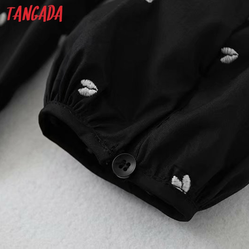 Women Heart Embroidery Black Dress Long Sleeve Pleated Females Mini Dresses Vestidos 5B19 210416