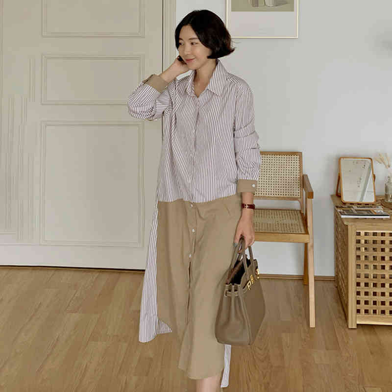 Striped Patchwork Shirt Dress Women's Summer Lapel Loose Single Breasted Long Sleeve Mid-calf Dresses 5E364 210427