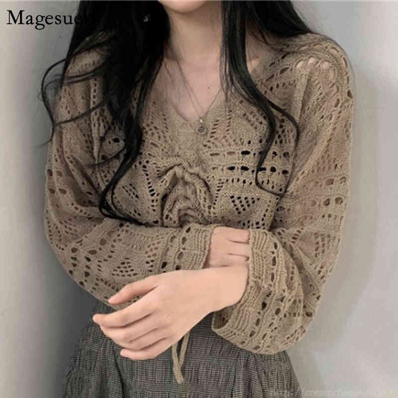 Autumn Korean Women Tops And Blouses Flare Sleeve V Neck Knitted Shirts Drawstring Hollow Out Sexy Top Mujer 10194 210512