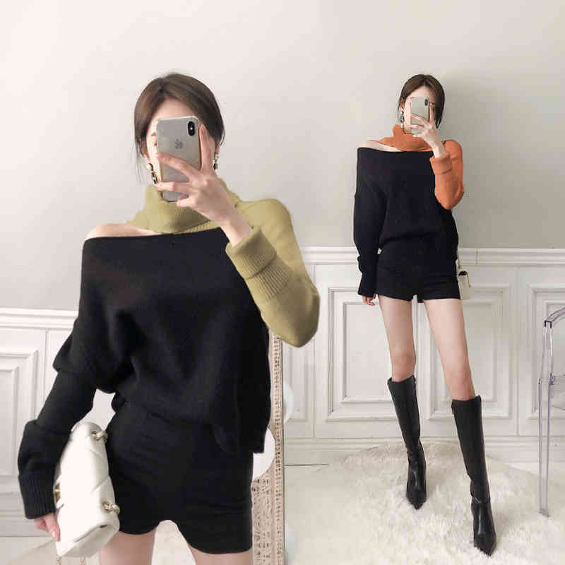 Women's Irregular Sweater Autumn Winter Contrast Color Turtleneck Pullovers Female Off Shoulder Loose Jumper Fashion 210506