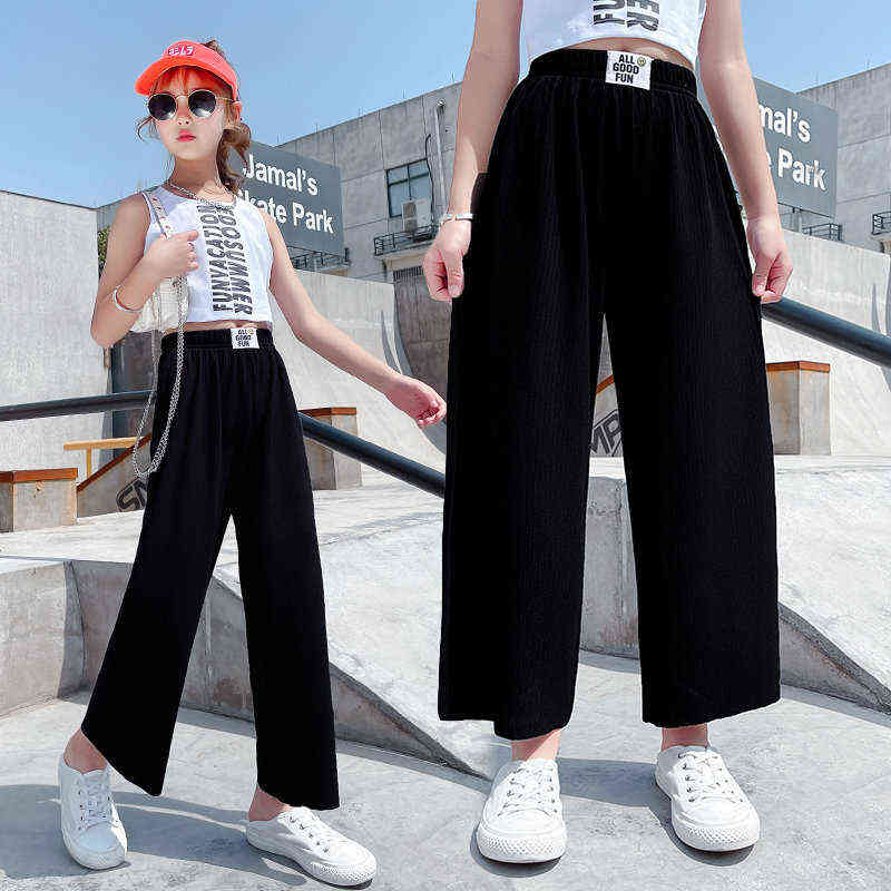 Children's Pants Fashion Teenage Girls Casual Wide Leg Lace Ice Silk Chiffon Baby Anti-Mosquito Summer Cool 211103