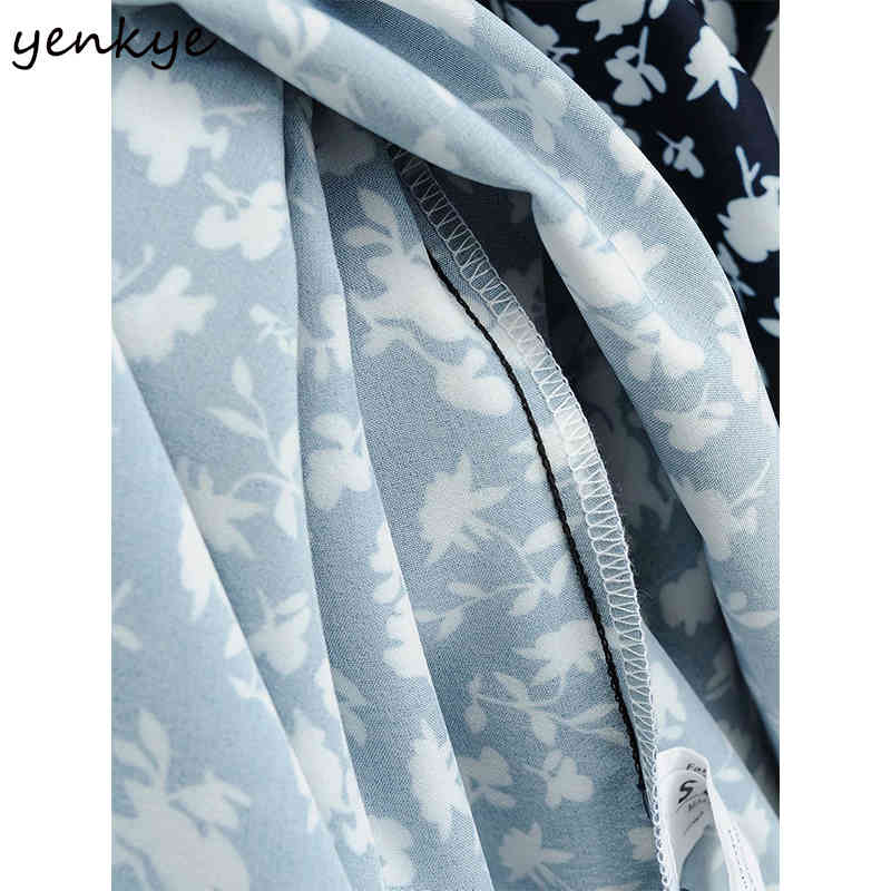 YENKYE Vintage Floral Print Dress Women Lace Up V Neck Long Sleeve Elastic Waist A-line Casual Dress Plus Size Summer Vestido 210515