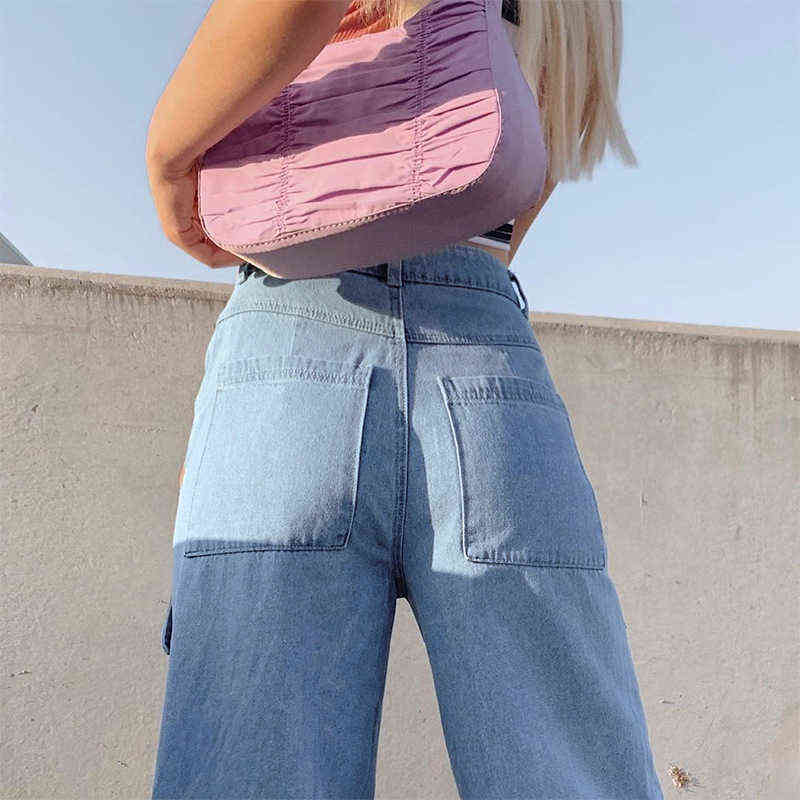 Women 90s Y2K Patchwork Wide Leg Mom Jeans Big Pocket Cargo Pants Vintage Mopping Casual Streetwear Boyfriend Denim 211129