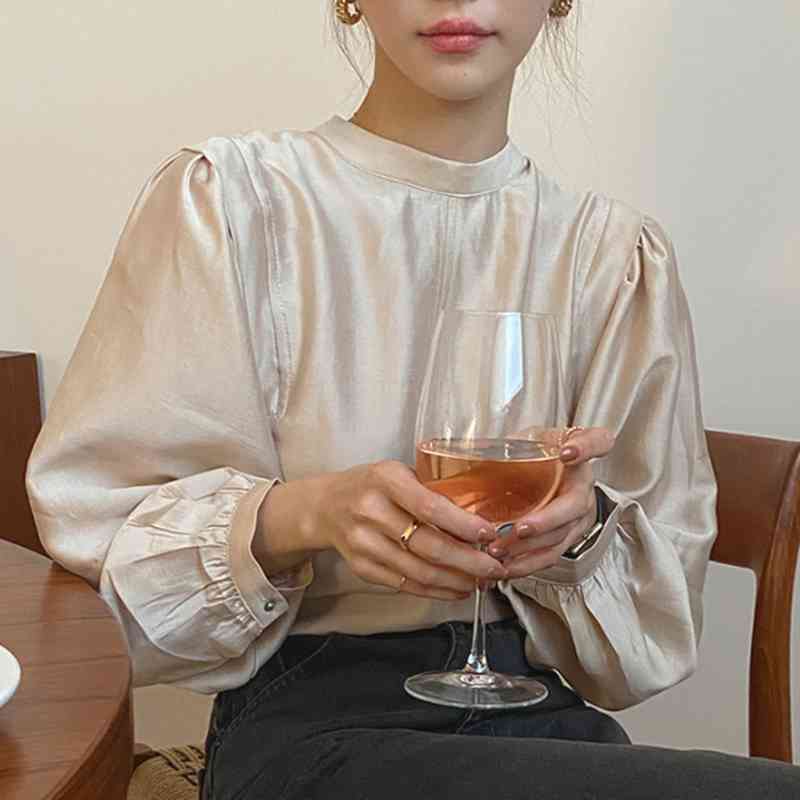 Stand Collar Blouse Women's Spring Korean Chic Elegant Loose Wrinkle Luster Bubble Sleeve female Shirt 5A783 210427