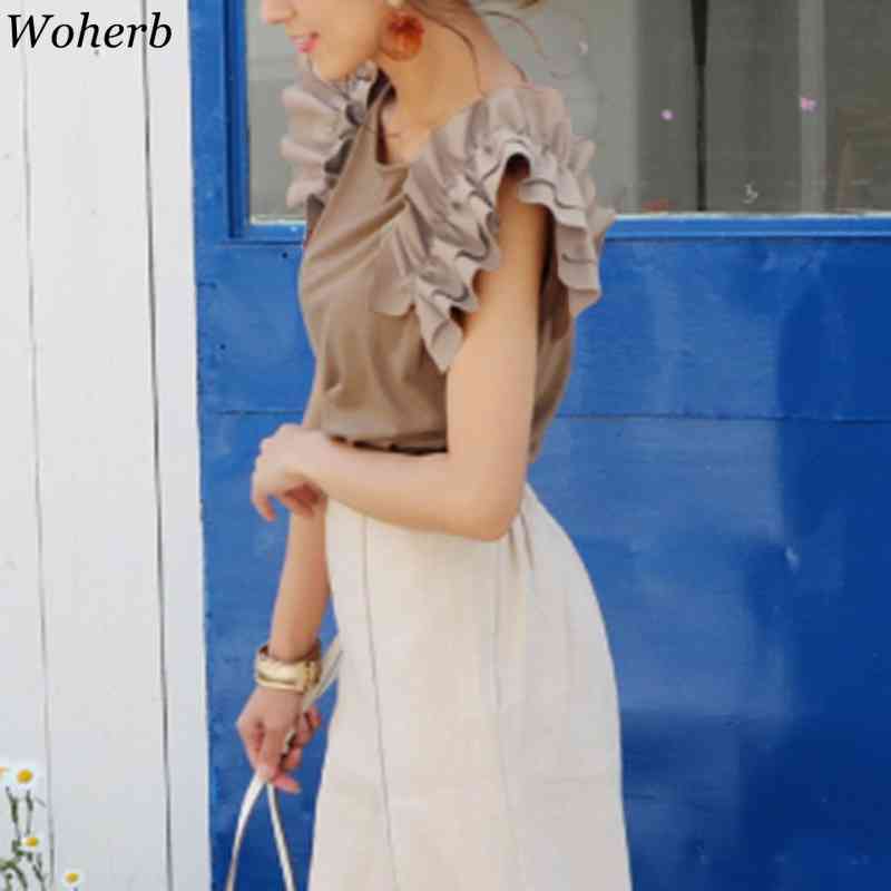 Korean Casual Ruffles Short Sleeve T-shirts for Women Chic Summer Solid Tshirt Female Fashion Top Lady Tees 210519