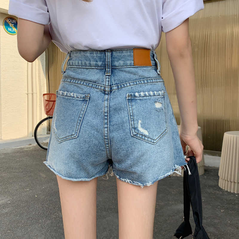 Vintage Ripped Hollow Out Jeans Shorts for Girls Women Summer Single-Breasted High Waist Denim Skirt Plus 210601