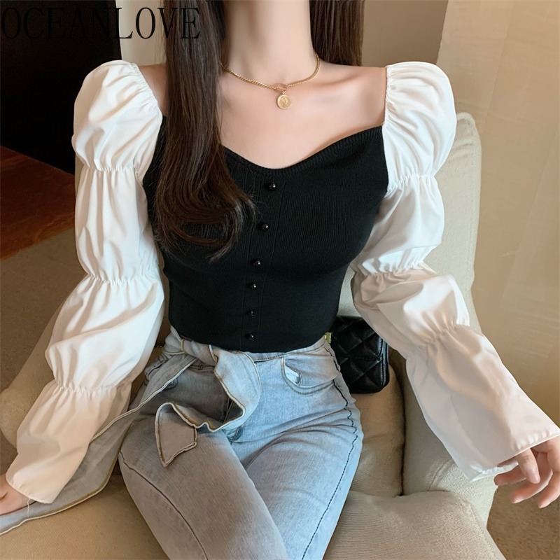 Sexy Tops Woman Sweaters Slash Neck Spring Patchwork Mujer Sueteres Short Slim Ins Pull Femme Clothes 19418 210415