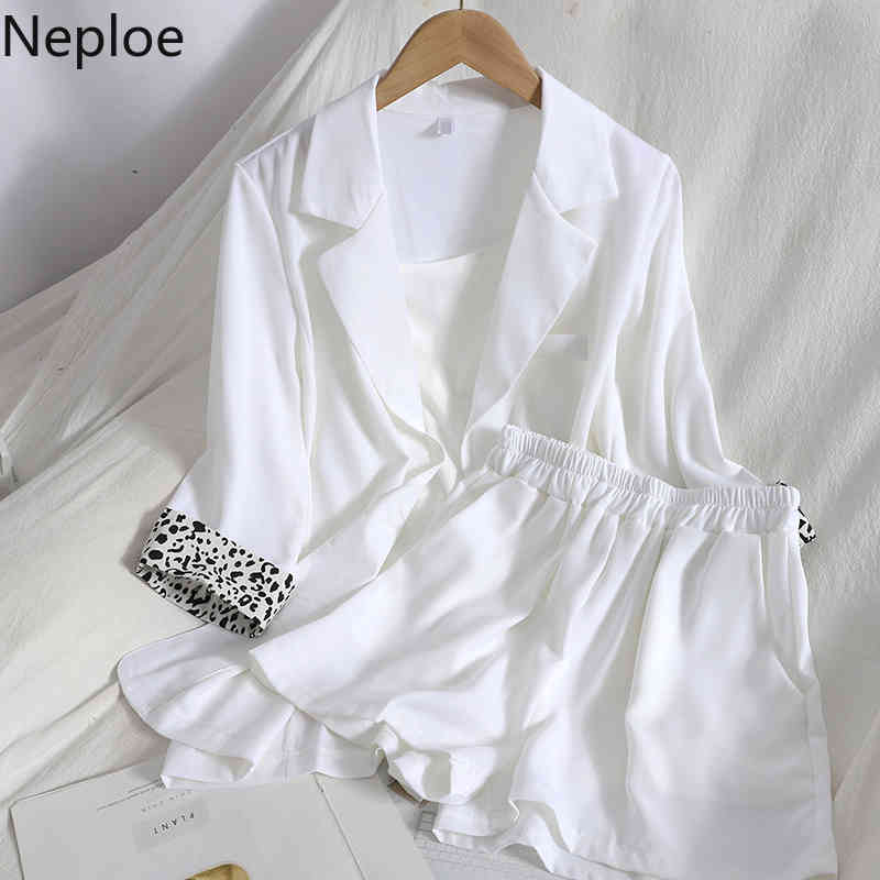 Neploe Spring Women's Clothing Contrast Color Leopard Print Jacket Wide-leg Shorts Base Sling 3 Piece Suit Korean Chic Suit 210422
