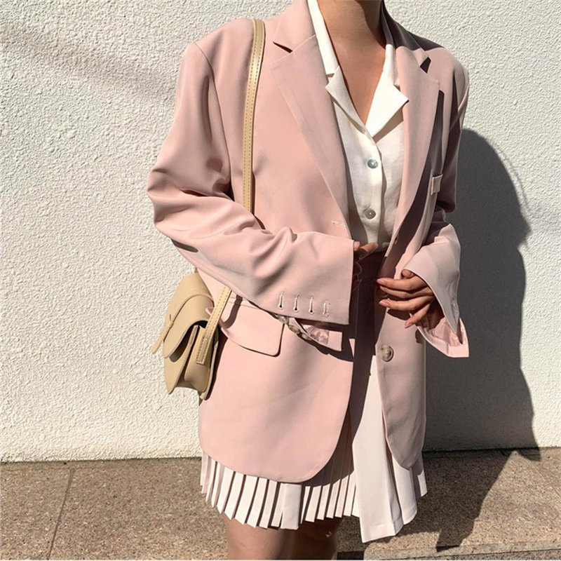 Gentle Pink Full Sleeves All Match Autumn Slender Chic Loose Plus Size Streetwear High Quality OL Women Blazers 210421