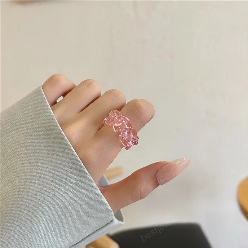 Korean Individual Retro Color Resin Acrylic Geometric Chain Rings for Women Party Jewelry