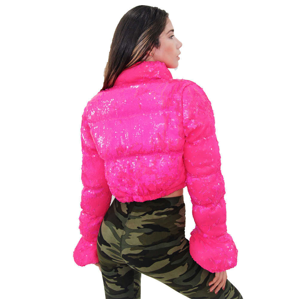 Cropped Puffer Jacket Pink Sequin Bell Sleeve Parka Bubble Coat Winter Fall Women XL XXL 210831