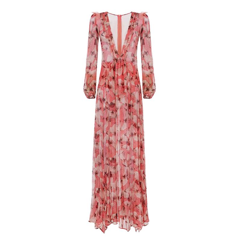 Casual Dresses Sexy Deep V-neck Long Sleeve Chiffon For Women Spring Autumn Vintage Pink Floral Printed Maxi Dress Female AAA Discount for in-store pu