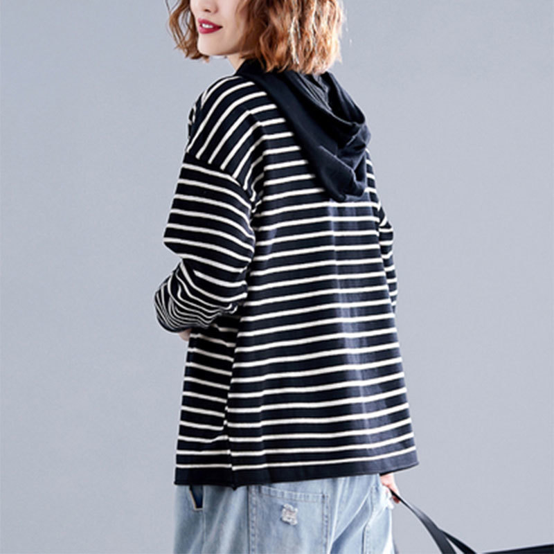 Spring Autumn Arts Style Women Long Sleeve Loose Hooded Pullovers All-matched Casual Striped Knitted Hoodies Big Size M649 210512